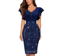 MIUSOL Women's Retro Ruffle Sleeve Lace Sequins Insert Bodycon Formal Business Cocktail Party Dress (Small, Navy Blue)