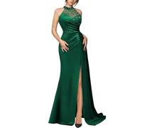 MIUSOL Women's Retro Sleeveless Halter Neck High Slit Evening Party Banquet Wedding Maxi Dress (Small, Dark Green)