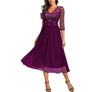 MIUSOL Women's Retro V-Neck 3/4 Sleeves Sequin Lace Formal Business Cocktail Party Dress