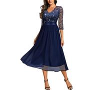 MIUSOL Women's Retro V-Neck 3/4 Sleeves Sequin Lace Formal Business Cocktail Party Dress