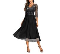 MIUSOL Women's Retro V-Neck 3/4 Sleeves Sequin Lace Formal Business Cocktail Party Dress
