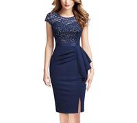 MIUSOL Women's Vintage Floral Lace Sequin Scoop Neck Ruffle Trim Cap Sleeves Cocktail Party Formal Bodycon Dress (Small, Navy Blue)