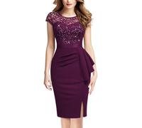 MIUSOL Women's Vintage Floral Lace Sequin Scoop Neck Ruffle Trim Cap Sleeves Cocktail Party Formal Bodycon Dress (Medium, Maroon)