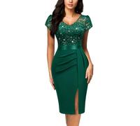 MIUSOL Women's Vintage Floral Lace Sequin V-Neck Split Ruched Business Party Cocktail Formal Wrap Pencil Dress (Small, Dark Green)