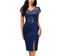 MIUSOL Women's Vintage Floral Lace Sequin V-Neck Split Ruched Business Party Cocktail Formal Wrap Pencil Dress (Medium, Navy Blue)