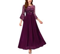 MIUSOL Women's Vintage Lace Sequin Insert Contrast Scoop Neck Bell Sleeves Chiffon Prom Bridesmaids Party Gown Formal Long Dress (Large, Maroon)