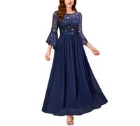 MIUSOL Women's Vintage Lace Sequin Insert Contrast Scoop Neck Bell Sleeves Chiffon Prom Bridesmaids Party Gown Formal Long Dress (Medium, Navy Blue)