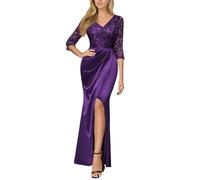MIUSOL Women's Vintage Lace Sequin Insert Contrast Wrap Ruched Split Hem Satin Evening Party Formal Long Dress (Small, Purple)
