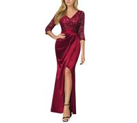 MIUSOL Women's Vintage Lace Sequin Insert Contrast Wrap Ruched Split Hem Satin Evening Party Formal Long Dress (Large, Red)