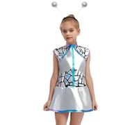 Miutii Girls 2PCS Space Alien Outfit Vintage Kids Shiny Metallic Robot Dress with Alien Headband Silver 5-6 Years