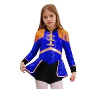 Miutii Girls Drum Major Majorette Costume Sequins Tassels Circus Ringmaster Leotard Dance Performance Dress Royal Blue 9-10 Years