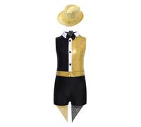 Miutii Girls Magician Outfits Sparkly Sequins Bow Tie Tuxedo Jumpsuit with Hat for Circus Magic Show Gold 7-8 Years