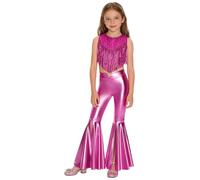 Miutii Girls Sequin Metallic Dance Outfits Crop Top and Flare Pants Kids 70s 80s Disco Costume 2pcs Hot Pink 7-8 Years
