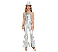 Miutii Girls Sequin Tassel Disco Jumpsuit with Hat Child 60s 70s Disco Flared Romper Groovy Outfit Silver 11-12 Years