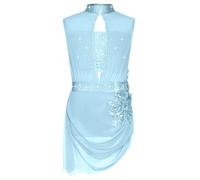 Miutii Girls Sparkle Figure Skating Dress Sheer Mesh Asymmetrical Dance Costume for Ballet Lyrical Dance Light Blue 13-14 Years