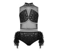 Miutii Girls Sparkly Jazz Latin Dance Leotard Cutout Backless Feather Tulle Lyrical Modern Dance Costume Black 9-10 Years
