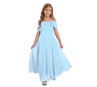 Miutii Kids Flower Girl Chiffon A-Line Dress Off Shoulder 3D Applique Wedding Bridesmaid Dresses Princess Gown Light Blue 15-16 Years