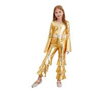 Miutii Kids Girls 1970s Disco Costume Hippie Disco Dance Bodysuit Shiny Metallic Ruffle Bell Bottom Jumpsuit Gold 13-14 Years