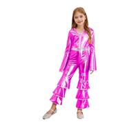 Miutii Kids Girls 1970s Disco Costume Hippie Disco Dance Bodysuit Shiny Metallic Ruffle Bell Bottom Jumpsuit Hot Pink 13-14 Years