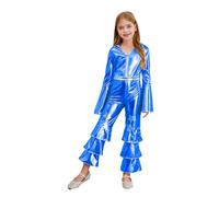 Miutii Kids Girls 1970s Disco Costume Hippie Disco Dance Bodysuit Shiny Metallic Ruffle Bell Bottom Jumpsuit Royal Blue 13-14 Years