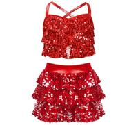 Miutii Kids Girls 2 Piece Sequins Camisole Crop Top with Skirt Ballet Modern Jazz Latin Dance Performance Costume Red 9-10 Years
