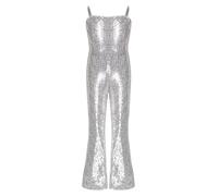 Miutii Kids Girls 70s Hippie Disco Funky Dance Costume Shiny Sequins Movie Character Jumpsuit for Halloween Party Silver 11-12 Years