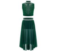 Miutii Kids Girls Lyrical Dance Costume Shiny Rhinestones Crop Top with High-Low Skirted 2-Piece Dance Outfits Green 13-14 Years