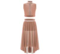 Miutii Kids Girls Lyrical Dance Costume Shiny Rhinestones Crop Top with High-Low Skirted 2-Piece Dance Outfits Dusty Pink 13-14 Years