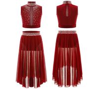Miutii Kids Girls Lyrical Dance Costume Shiny Rhinestones Crop Top with High-Low Skirted 2-Piece Dance Outfits Burgundy 15-16 Years