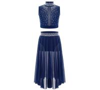 Miutii Kids Girls Lyrical Dance Costume Shiny Rhinestones Crop Top with High-Low Skirted 2-Piece Dance Outfits Navy Blue 15-16 Years