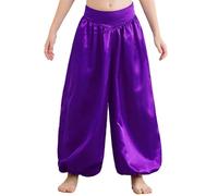 Miutii Kids Girls Satin Harem Pants Belly Dance Costume Wide-Leg Trousers Bloomers for Arab Carnival Performance Purple 9-10 Years