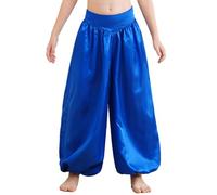 Miutii Kids Girls Satin Harem Pants Belly Dance Costume Wide-Leg Trousers Bloomers for Arab Carnival Performance Blue 5-6 Years