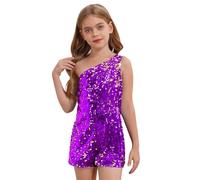 Miutii Kids Girls Shiny Sequin Rompers One Shoulder Sleeveless Wide Leg Pants Short Bottom Jumpsuit Playsuit Purple 5-6 Years