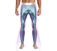 Miutii Men's King of The Seas Costume Mermaid Pants Metallic Shiny Fish Scales Print Leggings for Halloween Cosplay Purple M