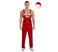 Miutii Men's Sexy Christmas Costume Mr Santa Claus Cosplay Outfits Velvet Dungarees Overalls Jumpsuit with Hat Set Red A M