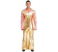 Miutii Men's Shiny Metallic 70s Disco Costume Lapel V Neck Flare Long Sleeve Bell Bottom Pants Jumpsuit Clubwear Gold L
