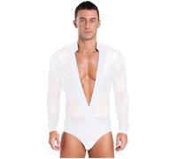 Miutii Mens Sparkly Rhinestsones Sequins Performance Dance Costume Deep V Neck Latin Dance Shirt Ballroom Leotard White S