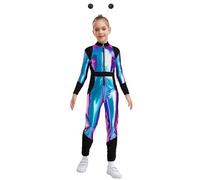 Miutii Metallic Alien Jumpsuit for Kids with Antennas Sparkly Long Sleeve Front Zipper Unitard Bodysuit Blue Black 5-6 Years