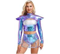 Miutii Women Adult Alien Outerspace Costume 2Pcs Space Suit Metallic Hollow Out Crop Tops with Mini Skirt Set Colorful S