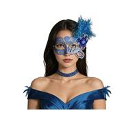 Miutii Women Masquerade Half Face Mask with Side Feather Flower for 1970s Retro Cosplay Party Dance Prop Blue One Size