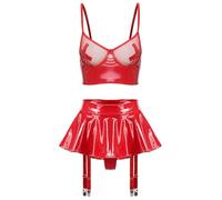 Miutii Women's 2Pcs Wet Look Leather Lingerie Set Mesh Bustier Crop Top Mini Skirt with Garter Belts Clubwear Red L