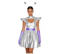 Miutii Womens Outer Space Alien Costume Dress with Gloves Headband Halloween Space Cadet Rave Outfit Silver S