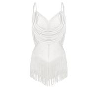 Miutii Womens Rhinestones Salsa Tango Tassel Latin Dance Dress Leotard Glitter Performance Ballroom Costume Ivory XS