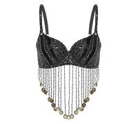 Miutii Womens Sequined Beaded Latin Belly Dance Bra Top Performance Dance Costume Fringe Tassel Underwired Black One Size