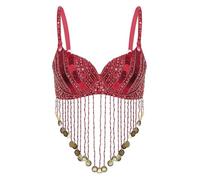 Miutii Womens Sequined Beaded Latin Belly Dance Bra Top Performance Dance Costume Fringe Tassel Underwired Red One Size
