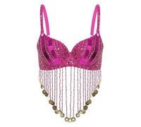Miutii Womens Sequined Beaded Latin Belly Dance Bra Top Performance Dance Costume Fringe Tassel Underwired Hot Pink One Size