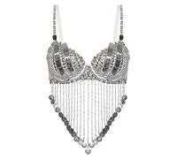 Miutii Womens Sequined Beaded Latin Belly Dance Bra Top Performance Dance Costume Fringe Tassel Underwired Silver One Size