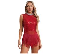 Miutii Womens Sequins Tassel Latin Jazz Dance Dress Leotard Performance Dancing Costume Ballroom Dancewear Burgundy M