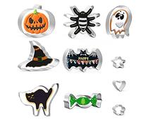 MIUTME Halloween Cookie Cutter Set, 10 Pieces Stainless Steel Mold Biscuit Cutters for Baking-Pumpkin, Ghost, Witch Hat, Spider, Cat, Bat, Star, Flower and Heart