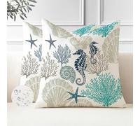 Miuyunya Set of 2 Blue Decorative Pillow Covers 20 x 20 inches Spring Modern Waterproof Outdoor Cushion Covers for Sofa Living Room Seahorse Square Decorative Pillowcases for Patio, Garden